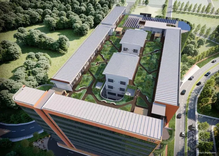 Aerial view of GATE+ within the Jurong industrial corridor
