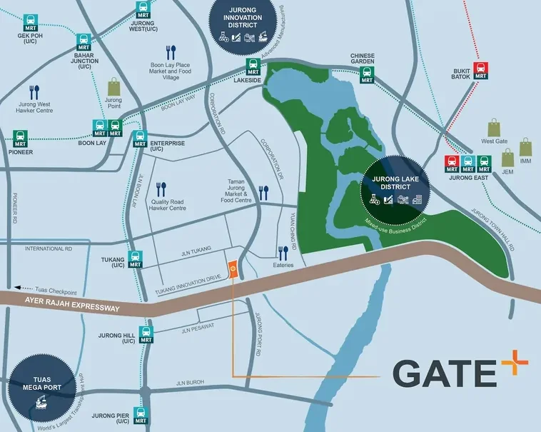 GATE+ Tukang location map with nearby MRT stations, amenities and Jurong Lake District